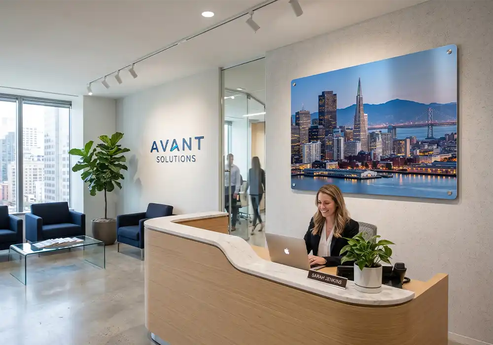 A professional office reception adorned with a large aluminum print