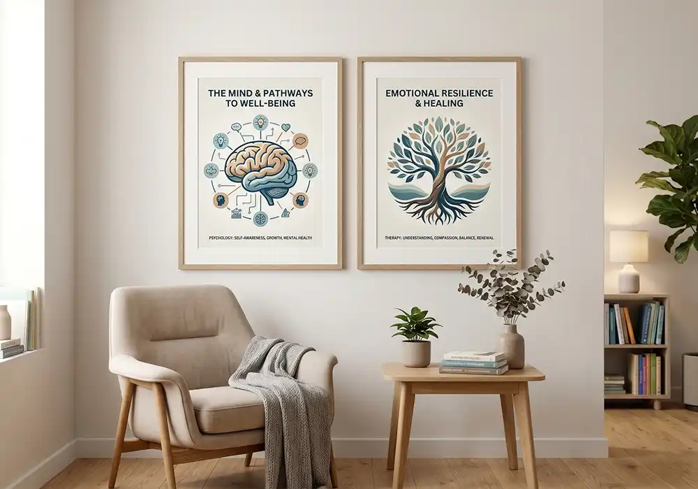 Therapy psychology office wall decor,framed prints featuring illustrations and text