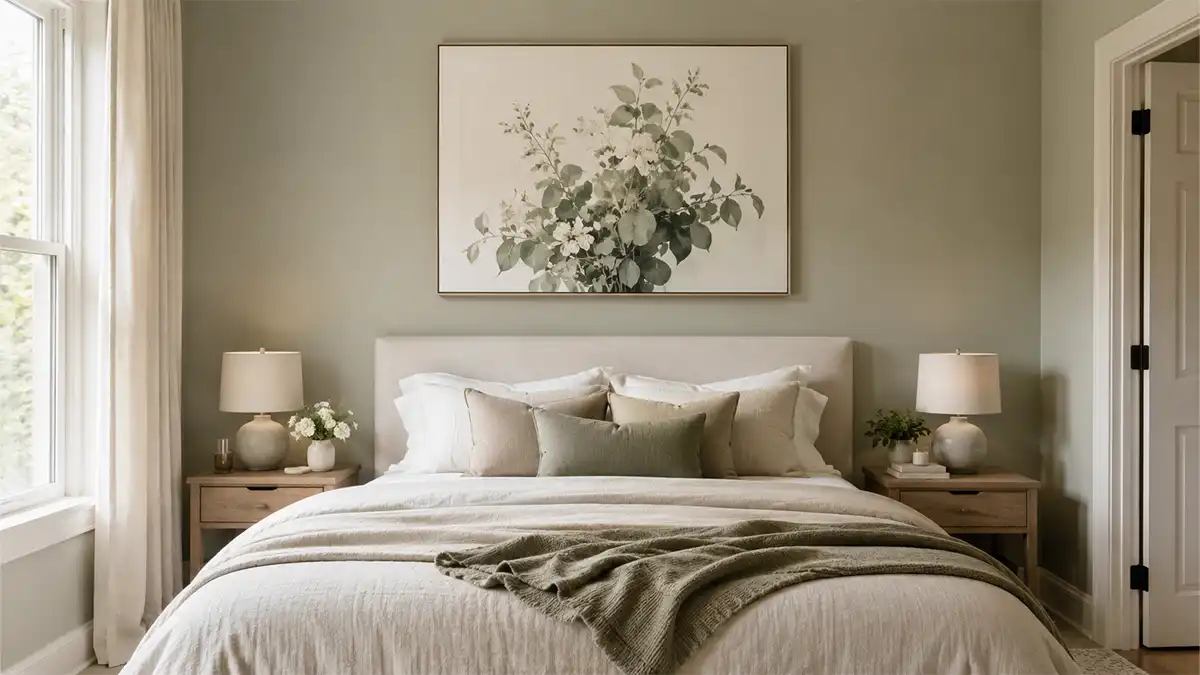 Canvas wall art above a queen bed headboard showing correct width and height placement