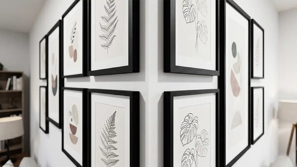 Close-up of matte black gallery wall frames with consistent 2-inch spacing — small living room wall decoration with a unified frame finish