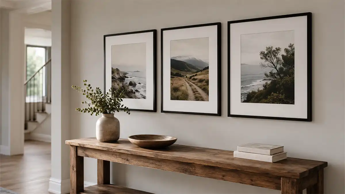 Three-piece gallery wall arrangement with consistent spacing above a console table