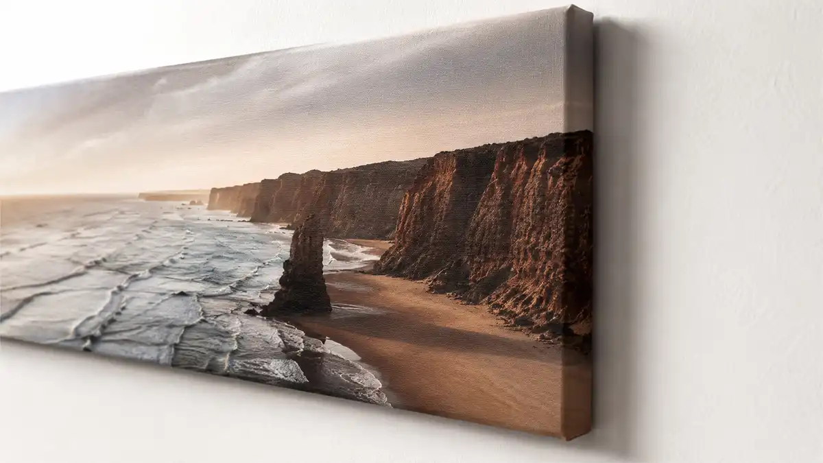Side angle of gallery-wrapped canvas showing depth clearance from wall
