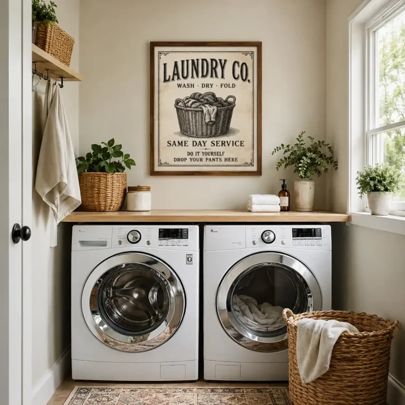 Laundry room wall art — funny framed print on the wall above washing machine in a styled laundry room