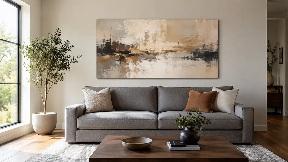 Large canvas print sized at 75 percent of sofa width above a grey living room sofa