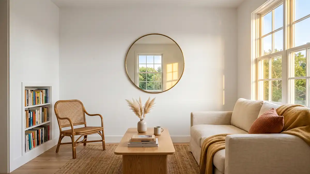 A round mirror hung opposite a window reflecting light into a small living room — a wall decor idea for small living rooms that creates the illusion of depth