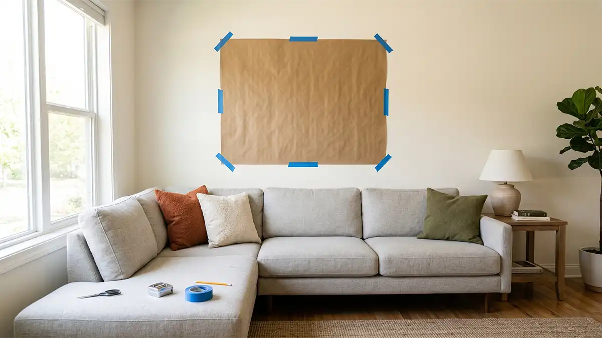 Kraft paper template taped to wall to test art size before hanging