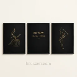 Rip Now Glow Later gold line art printable wall art set for waxing salon decor