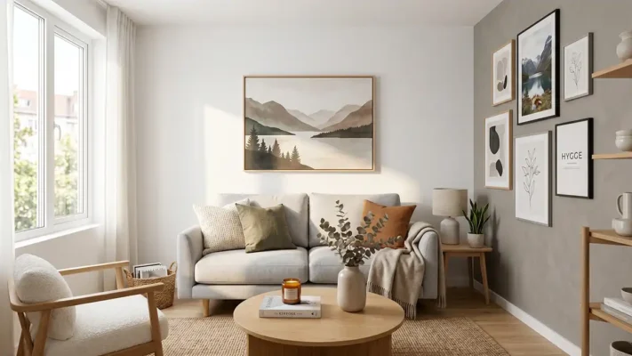 A small living room with a large centered canvas above a loveseat — an example of small second living room space wall decor ideas done with precision