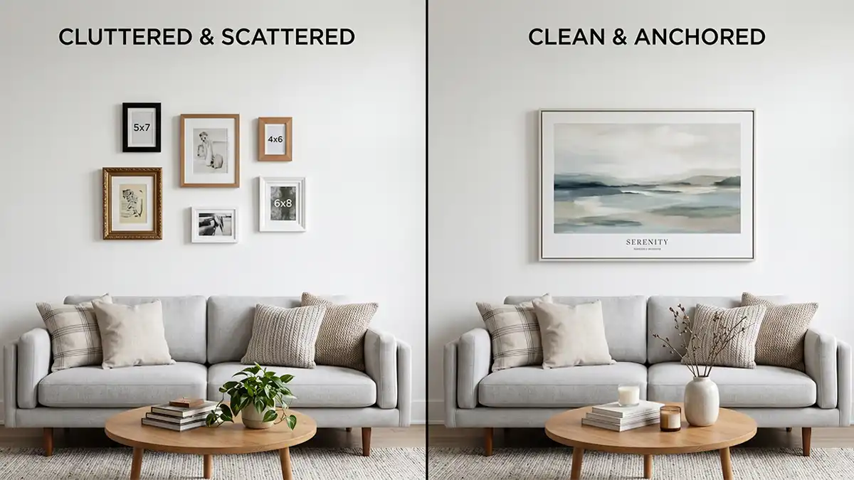 Comparison of five scattered small frames versus one large canvas for small living room wall decor — showing the visual impact of correct art sizing