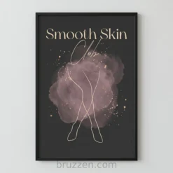 Smooth Skin Club charcoal print with gold line art legs over moody mauve watercolor and gold splatter