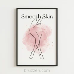 Smooth Skin Club print with black line art legs over soft pink watercolor wash and gold splatter