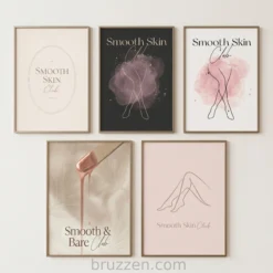 Set of 5 waxing salon printable wall art prints with feminine line art and watercolor in blush and charcoal