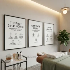 Minimalist waxing aftercare poster set framed and displayed in a clean spa treatment room on side angle