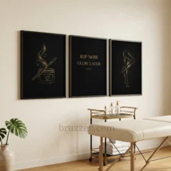 Gold line art wax studio wall art set side angle hanging on wall in a modern salon