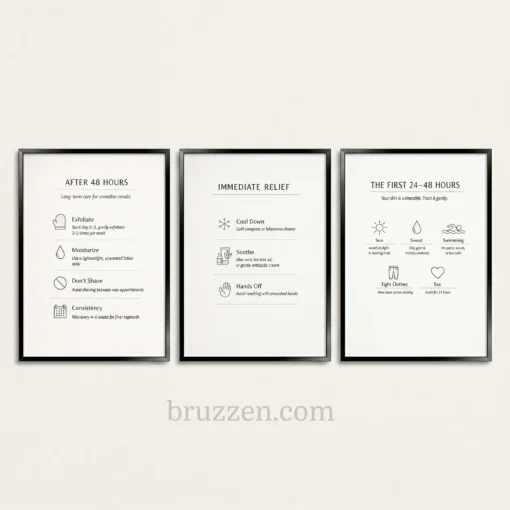 Set of 3 waxing aftercare instruction prints, minimalist black and cream printable wall art