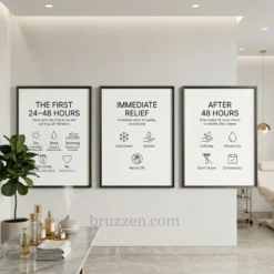 Waxing aftercare printable art set styled on a treatment room wall in a beauty salon