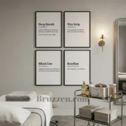 Witty waxing definition prints hung in a bright salon waiting area