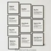 Set of nine funny waxing definition prints in black frames for salon wall art