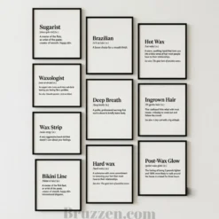Set of nine funny waxing definition prints in black frames for salon wall art