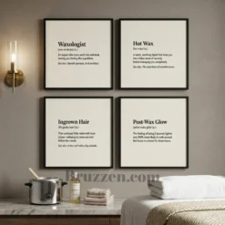 Black-framed waxing definition prints displayed on a white wall
