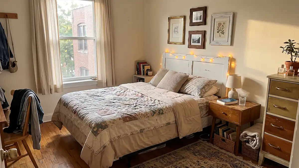 Affordable bedroom wall decor idea using a small gallery cluster above the bed