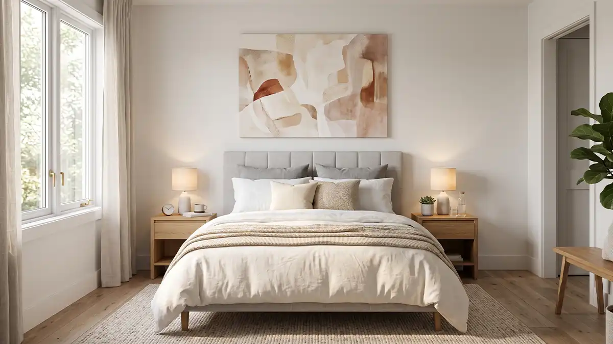 Bedroom wall decor ideas shown with a single oversized canvas centered above a queen headboard