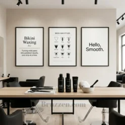Bikini wax salon wall art trio displayed in a spa treatment room