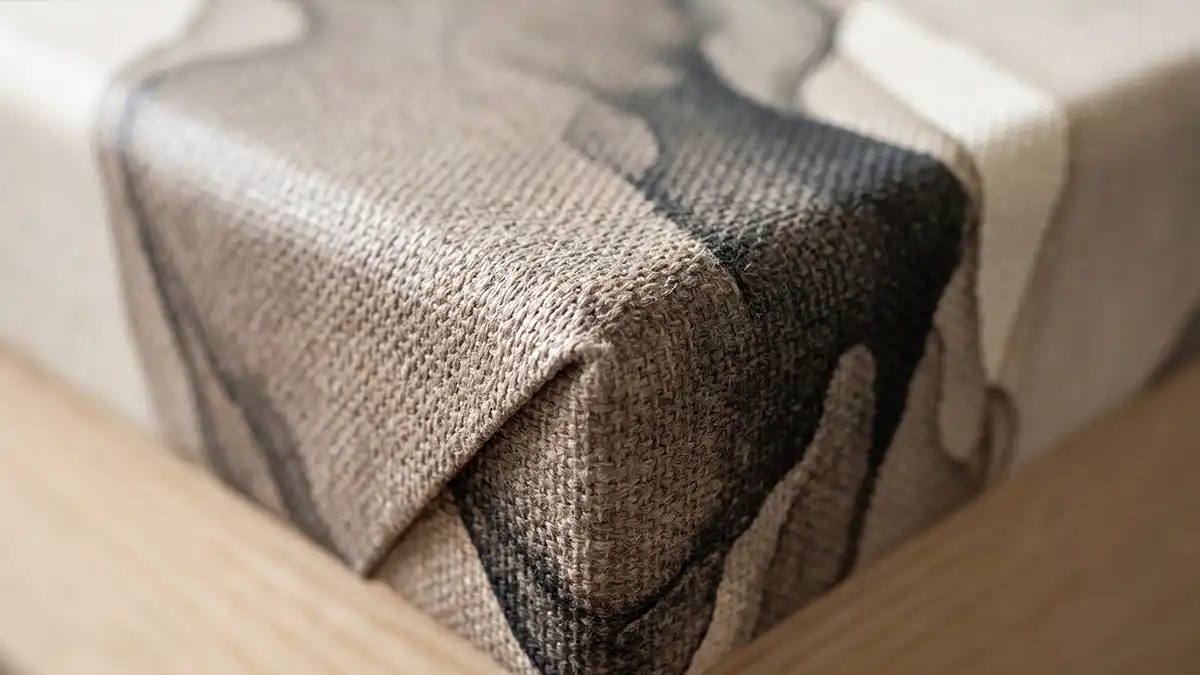 Close-up texture detail of a wrapped canvas print used in bedroom wall decor