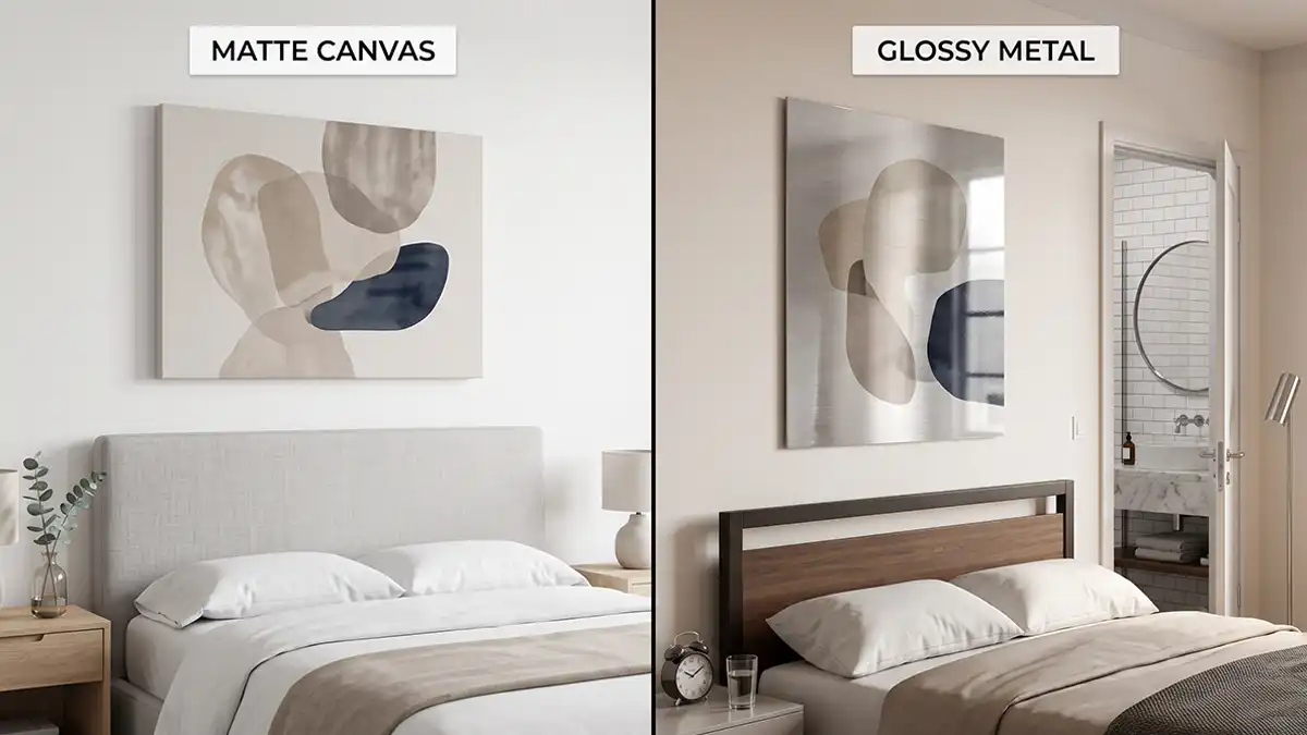 Canvas print compared with an aluminum metal print for bedroom wall decor durability