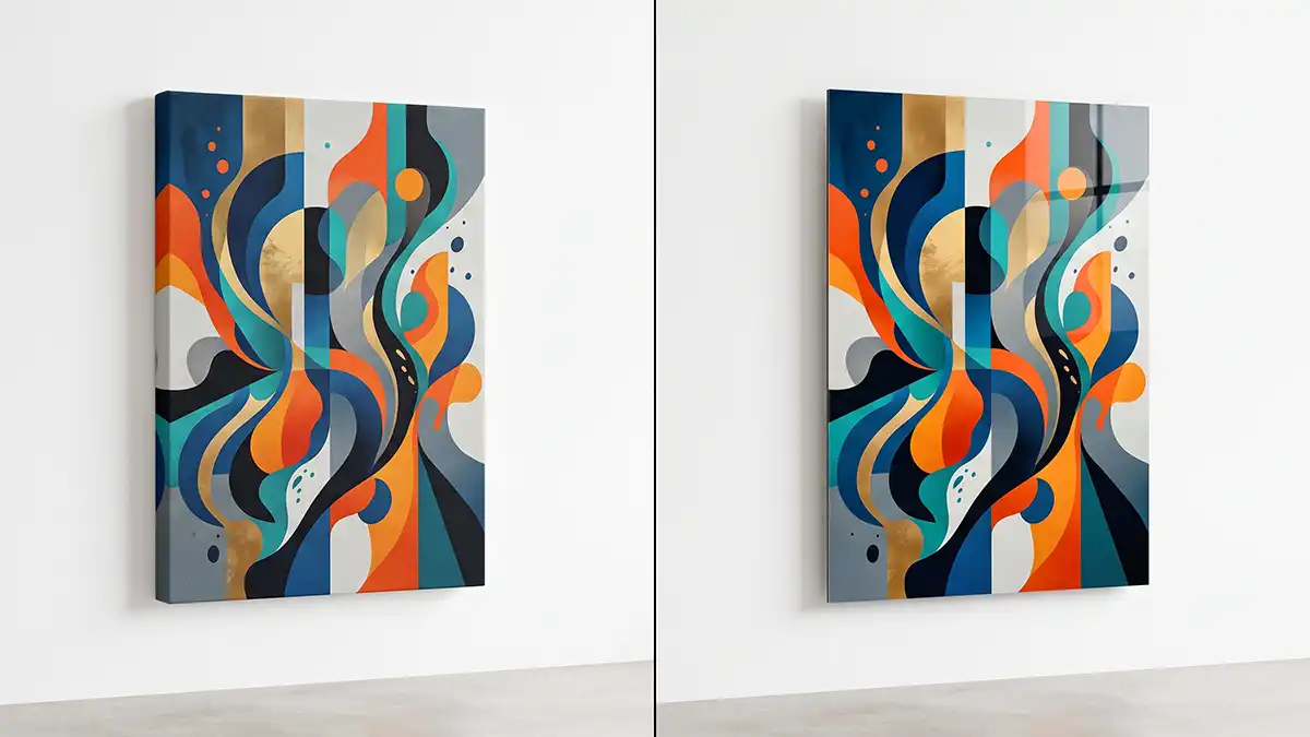 Side-by-side comparison of a canvas print and a metal print showing texture and finish differences for choosing wall art material