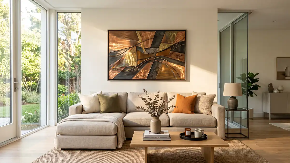 Large metal print sized to fit above a sectional sofa, an example of how to choose art for your home by matching size to furniture.