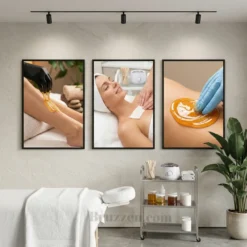 Waxing studio wall art collage hung above a treatment chair in a spa room