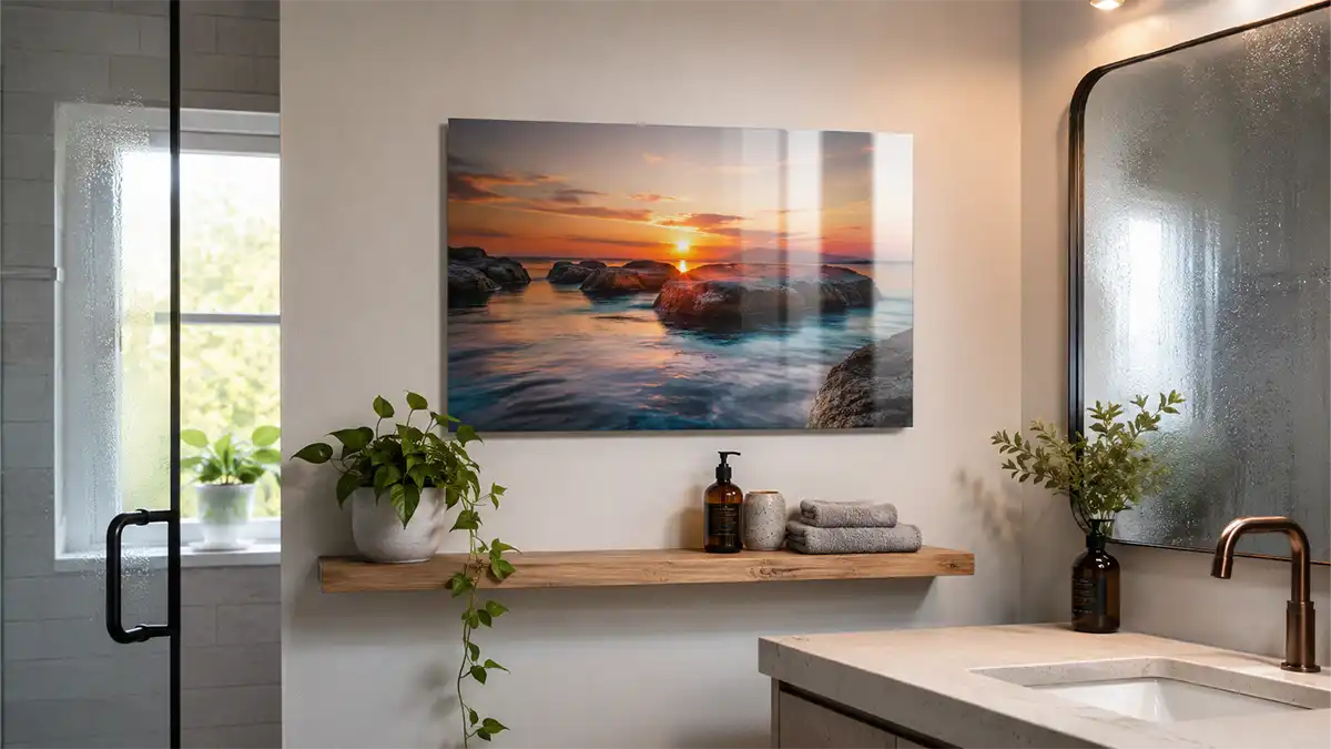 Aluminum metal print installed in a humid bathroom, showing a moisture-resistant material choice for choosing art for your home