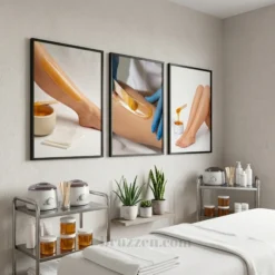 Sugaring and waxing photo grid displayed on a salon reception wall