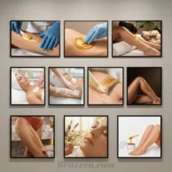 Panel wall art grid showing sugaring and waxing spa treatments in black frames