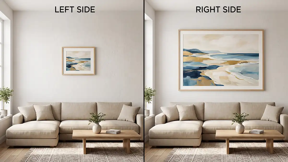 Split comparison of an undersized print versus a correctly sized statement piece above the same sofa, illustrating a common wall art sizing mistake