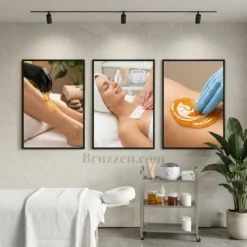 Framed waxing treatment photo collage displayed on a plain white wall