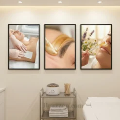 framed spa treatment photos arranged in a gallery wall layout