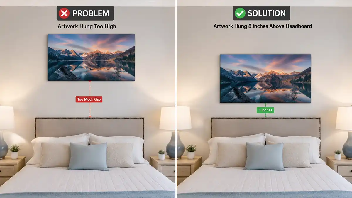 Common bedroom wall decor mistake of hanging art too high compared to the correct height above a headboard