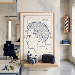 golden-ratio haircut blueprint framed print styled in design studio or architecture office