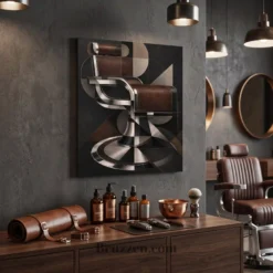 art deco barber chair metal print hanging in upscale barbershop interior