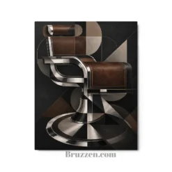 close-up of art deco barber chair metal print showing metallic shape detail and glossy finish