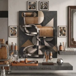 art deco barber chair metal print styled on sophisticated luxury gallery wall