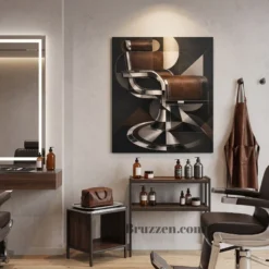 art deco barber chair metal print displayed in luxury grooming lounge