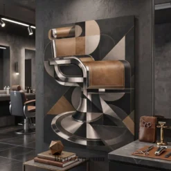 side angle view of art deco barber chair metal print showing floating wall mount depth
