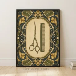 Art Nouveau scissors and comb illustration framed canvas print