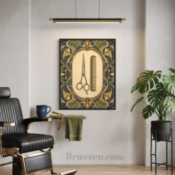 Art Nouveau barber tools canvas displayed near barbershop reception desk
