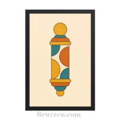close-up of mid-century barber pole poster showing flat color block shapes and Ayous wood frame