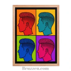 close-up of pop art silhouette framed poster showing halftone dot texture and Ayous wood frame
