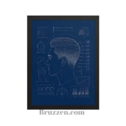 close-up of fade blueprint framed poster showing fine white measurement lines and Ayous wood frame